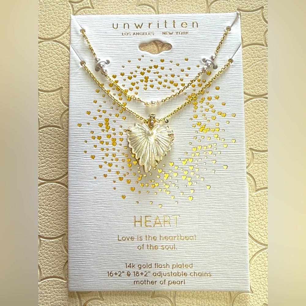Unwritten Heart Necklace Set - Gold plated - Mother of Pearl - NEW - Picture 1 of 4
